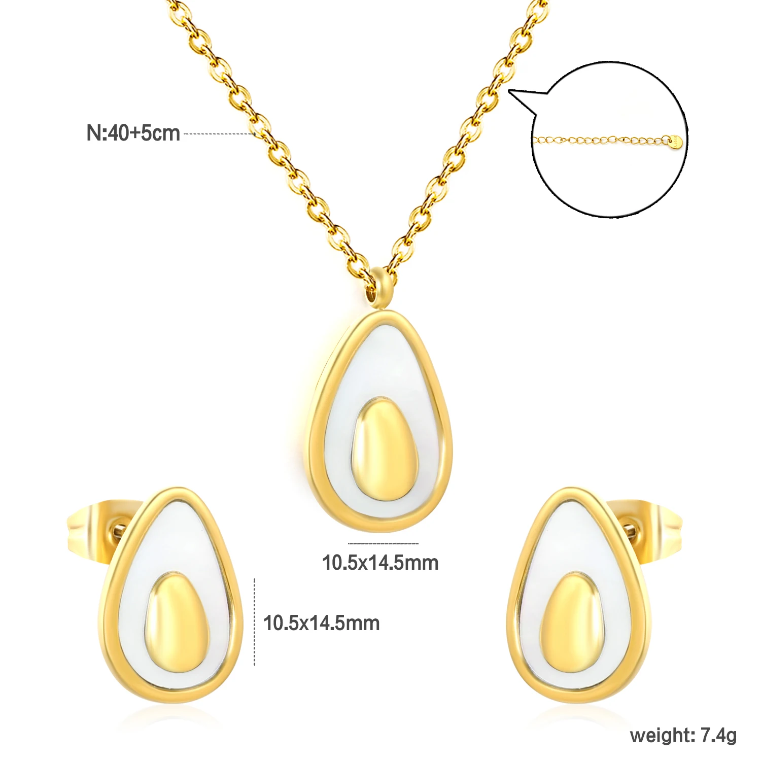 Shell & Avocado Pendant Necklace & Stud Earrings Set