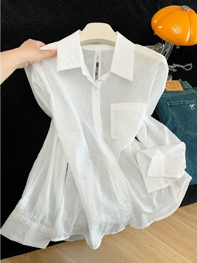

Элегантная белая полосатая рубашка с длинными рукавами, женская летняя новая тонкая кофта-кардиган, верхняя одежда для защиты от солнца, французский стиль