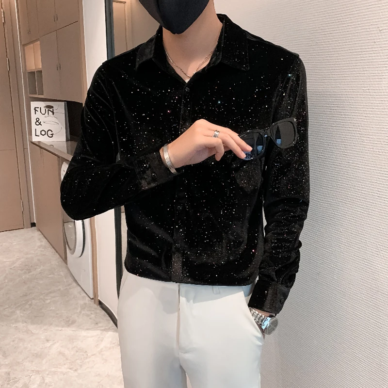 Gypsophila Sequin Print Fashion Slim Luxury Long Sleeve Shirt Men Summer High Quality Velour Smooth Comfortable Camisa Masculina