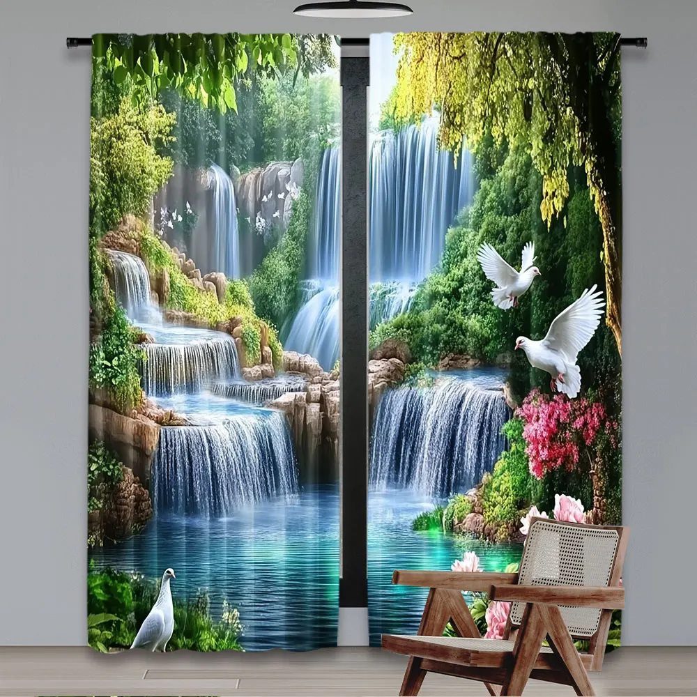 2Pcs Beautiful Forest Waterfall Landscape Curtain Vivid Nature Curtain Suitable For Bedroom Bathroom Living Room Dining Room