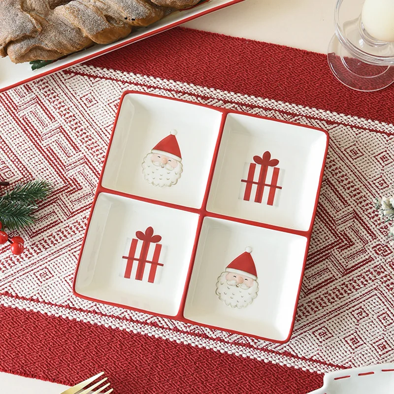 2026 New Christmas Ceramic Tableware Cute Four-grid Plates Christmas Atmosphere Tableware Dessert Bread Breakfast Plates