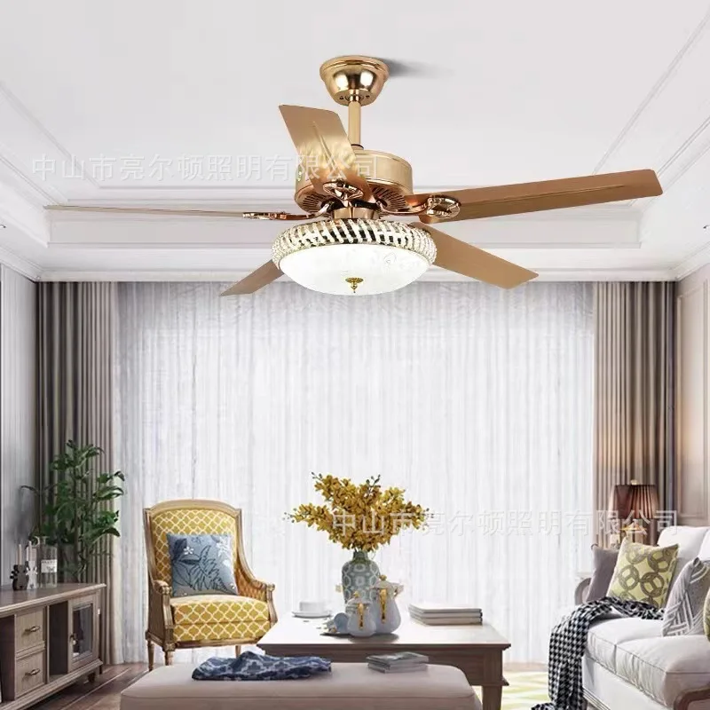 Light Luxury Fan Light Golden European Restaurant Living Room Electric Fan Iron Leaf Variable Frequency Integrated Ceiling Fan