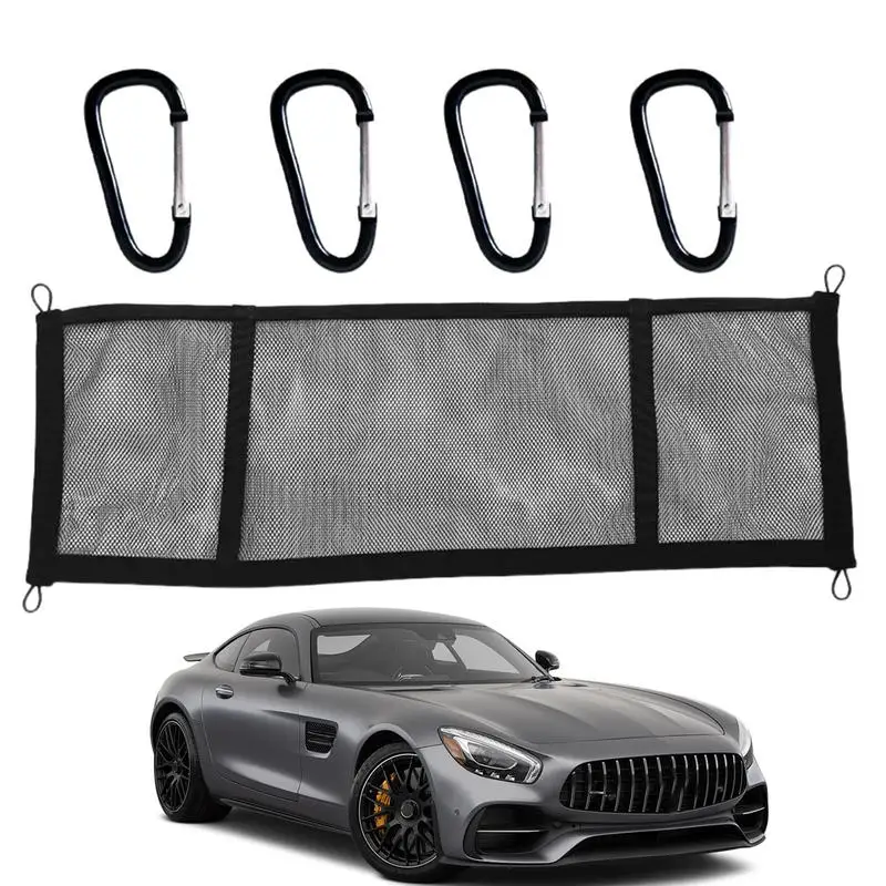 Car Ceiling Cargo Net Multifunction Elastic Mesh Net Trunk Bag 3-Grid Car Interior Trunk Bag With 4 Carabiners High Load Bearing