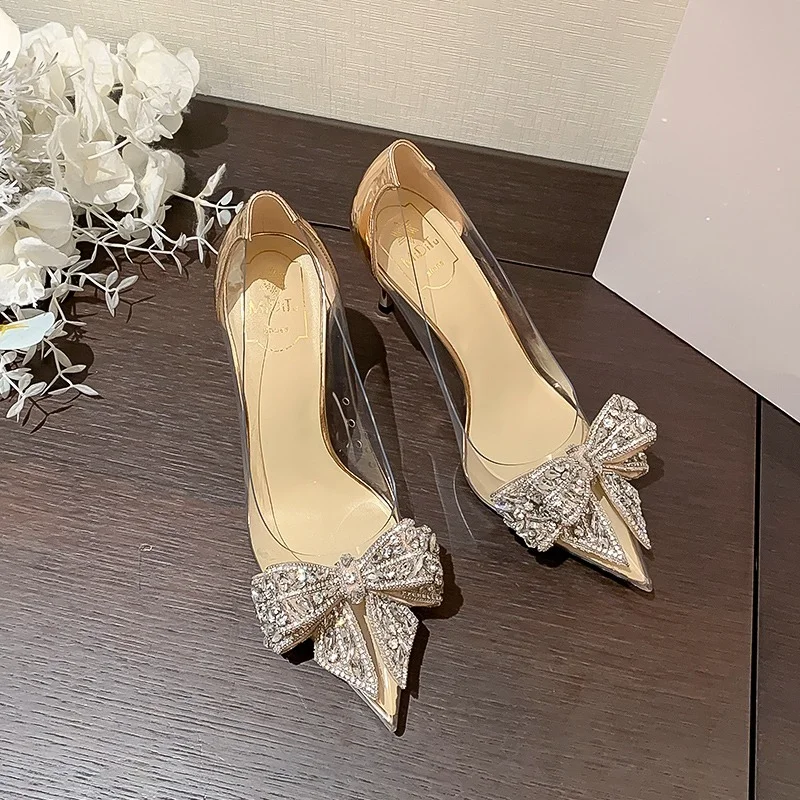 Wysokie sandały na obcasie 2022 nowych moda Sliver Rhinestone Bow przezroczyste kobiety pompy jesień Sexy Party Dress Shoes