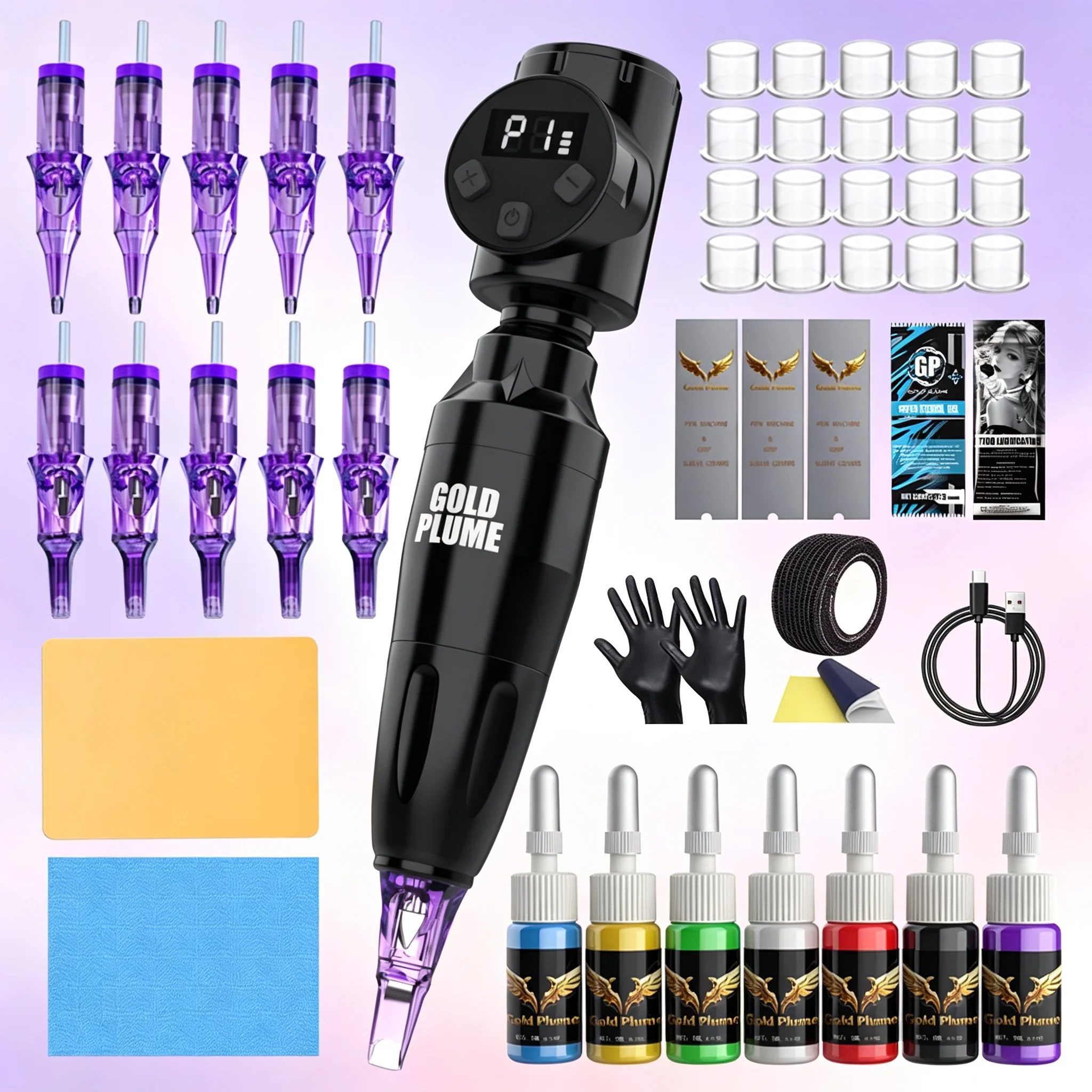 Wireless Rotary Tattoo Pen Machine Kit 1100Mah Integrated Power All in One Complete Tattoo Supplies Mixed Cartridge Needles Multicolor Tattoo Ink Practical Tattoo Tool Set for Beginners Professional Tattoo Practitioners