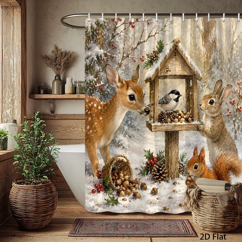 Winter Forest Shower Curtain, Cute Deer Rabbit Squirrel And Bird At Snowy Bird Feeder, Fun Curtain for Family Bathroom Interior