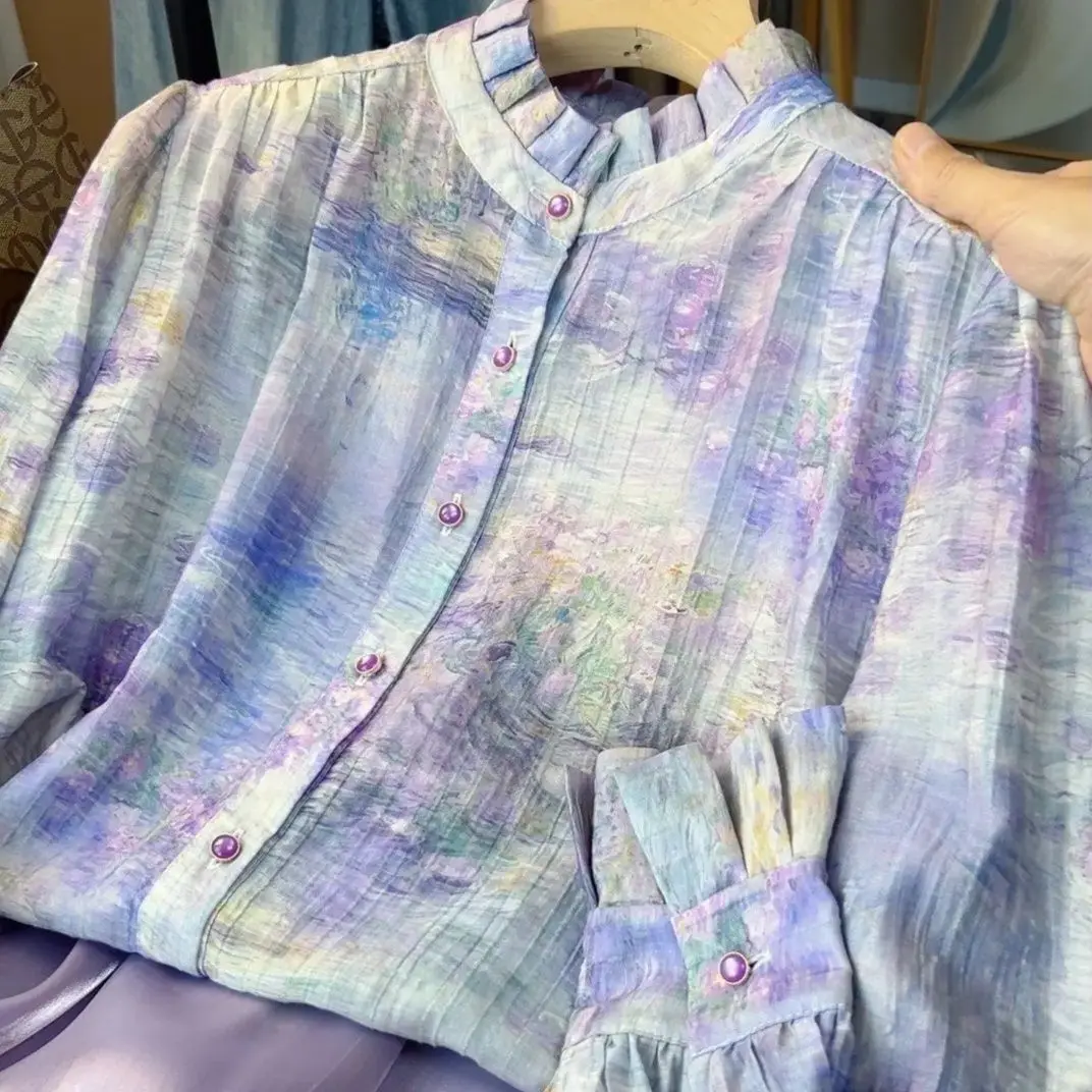 

Ретро-рубашка женская с длинным рукавом, воротником-стойкой, свободного кроя, из шелка, повседневная, осенне-зимняя, новинка