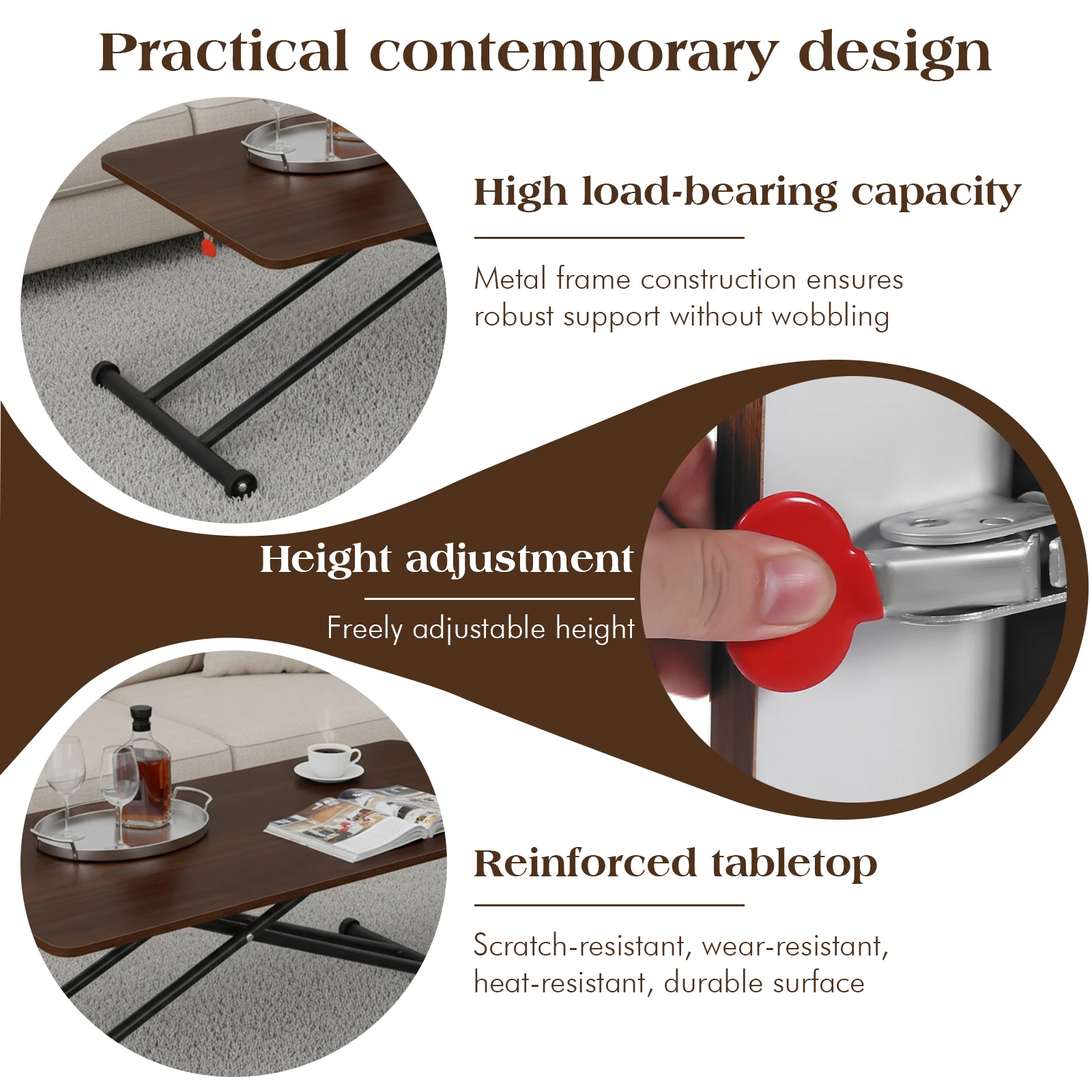 

Portable Floor Table with Rollers Modern Living Room Table Height Adjustable for Living Room Home