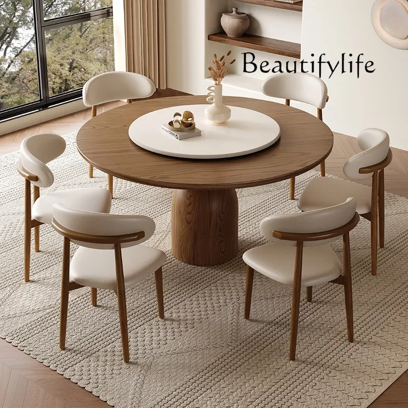 N Retro style ash wood grain solid wood round dining table and chairs French medieval round table with turntable household