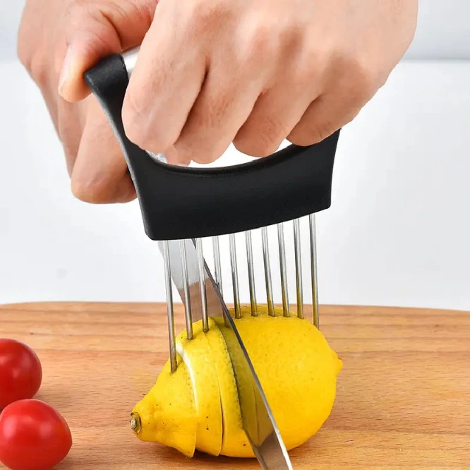 Stainless Steel Onion Cutter Holder Food Slicers Assistant Tomato Onion Slicer Holder Vegetables Cutting Fork Kitchen Gadgets