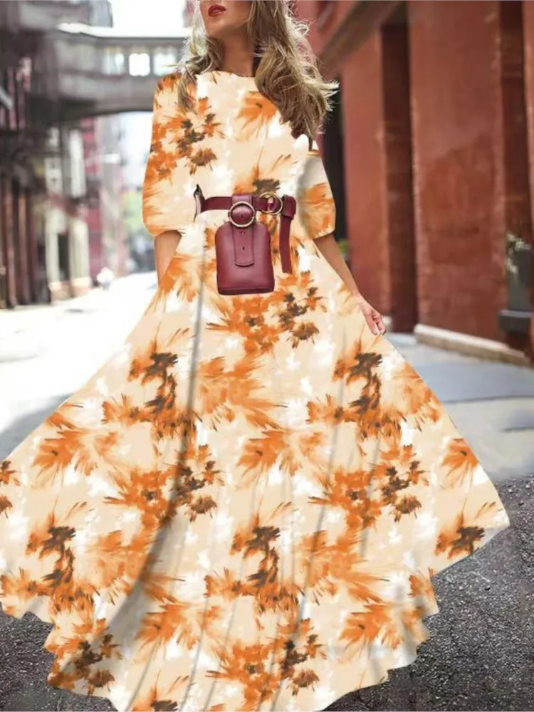 여성 패션 인쇄 편안한 캐주얼 드레스 여름 우아한 슬림 지능형 스타일 중반 허리 통근 라운드 넥 롱 스커트