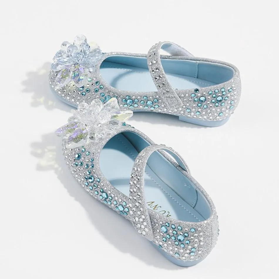 

Girl Fashion Princess Shoes Children Autumn Sequined Blue Silver Rhinestone Crystal Shoes Baby Girl Shoes 4-16 Years