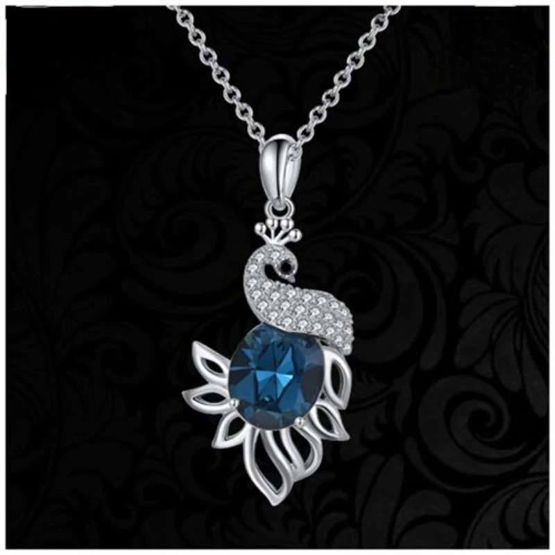 Fashion Women Blue Crystal Zircon Animal Peacock Necklace Engagement Necklaces for Women Bohemian Jewelry Accessories Gifts