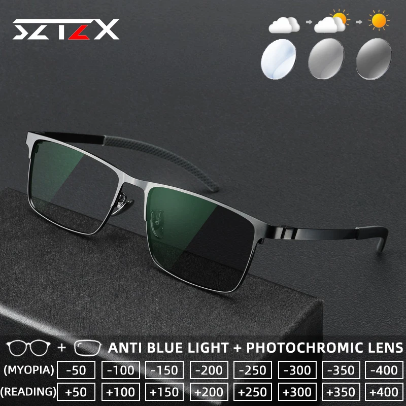 

SZTZX Anti Slip Screwless Titanium Photochromic Reading Glasses Anti Blue Light Myopia Glasses Progressive Prescription Eyewear