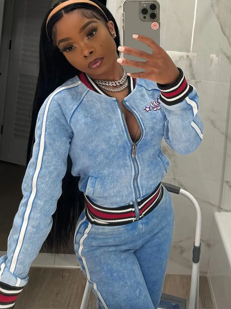 Weird Puss Trendy Baseball Jaet Pantaloni lunghi slim fit da donna Set Stampa digitale Effetto Ombre Tono blu Casual Sle Abbigliamento autunnale