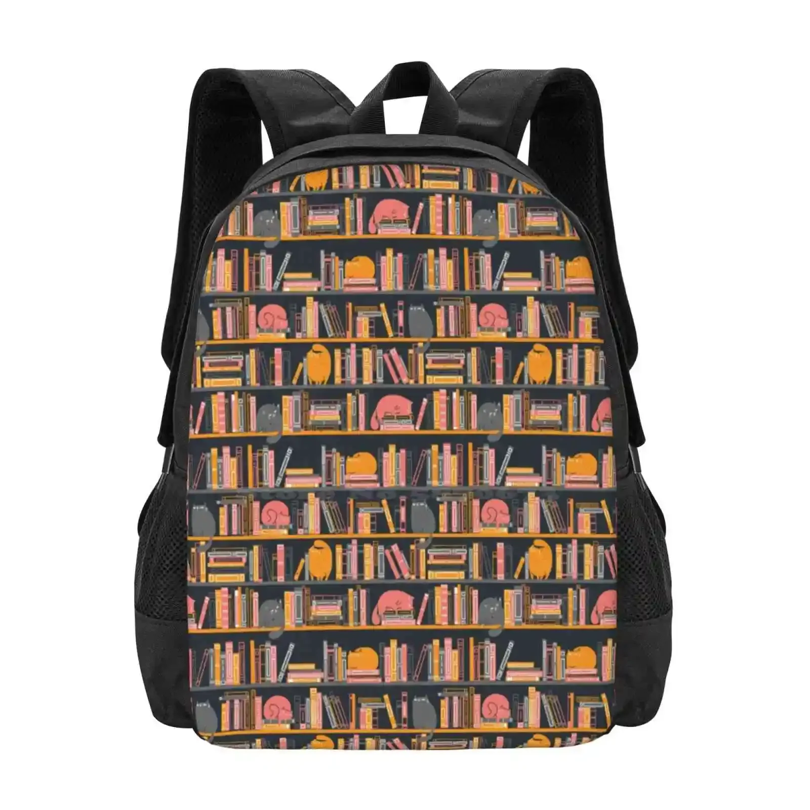 Cat Library Hot Sale Schoolbag Backpack Fashion Bags Cats Library Book Lover Cat Lover Animals Cute Pink Orange Grey Bookshelf