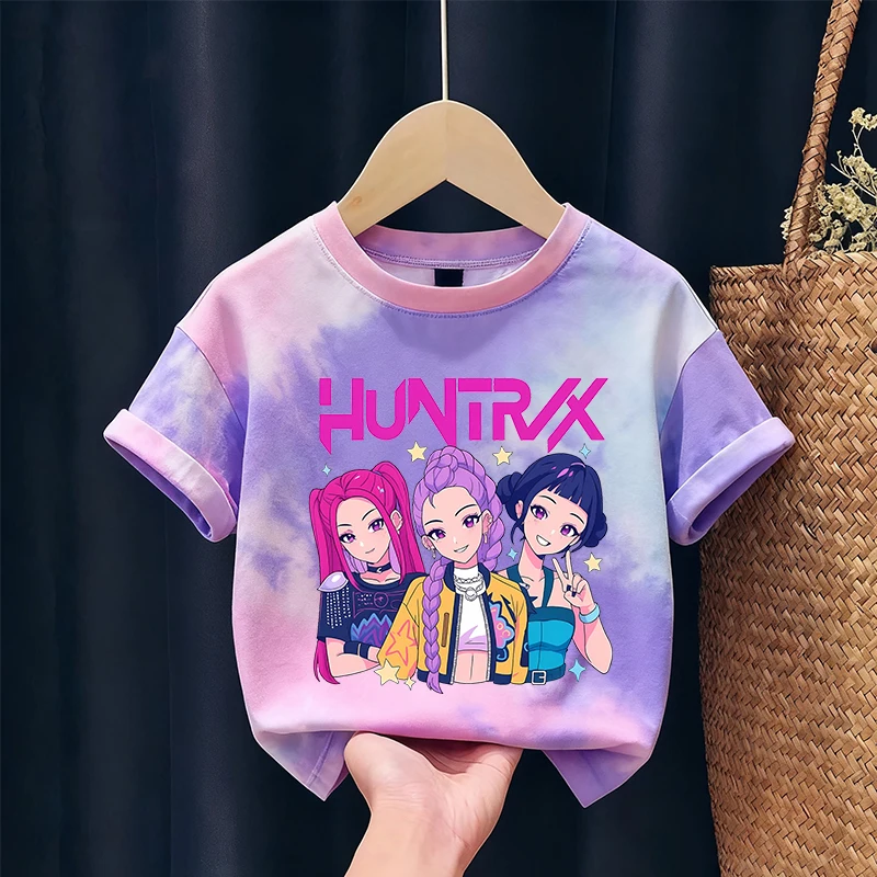 KPop Demon Hunters enfants T-shirt mignon imprimé figurines d'anime fille garçon à manches courtes enfant mode cravate colorant T-shirt maison vêtements haut cadeau
