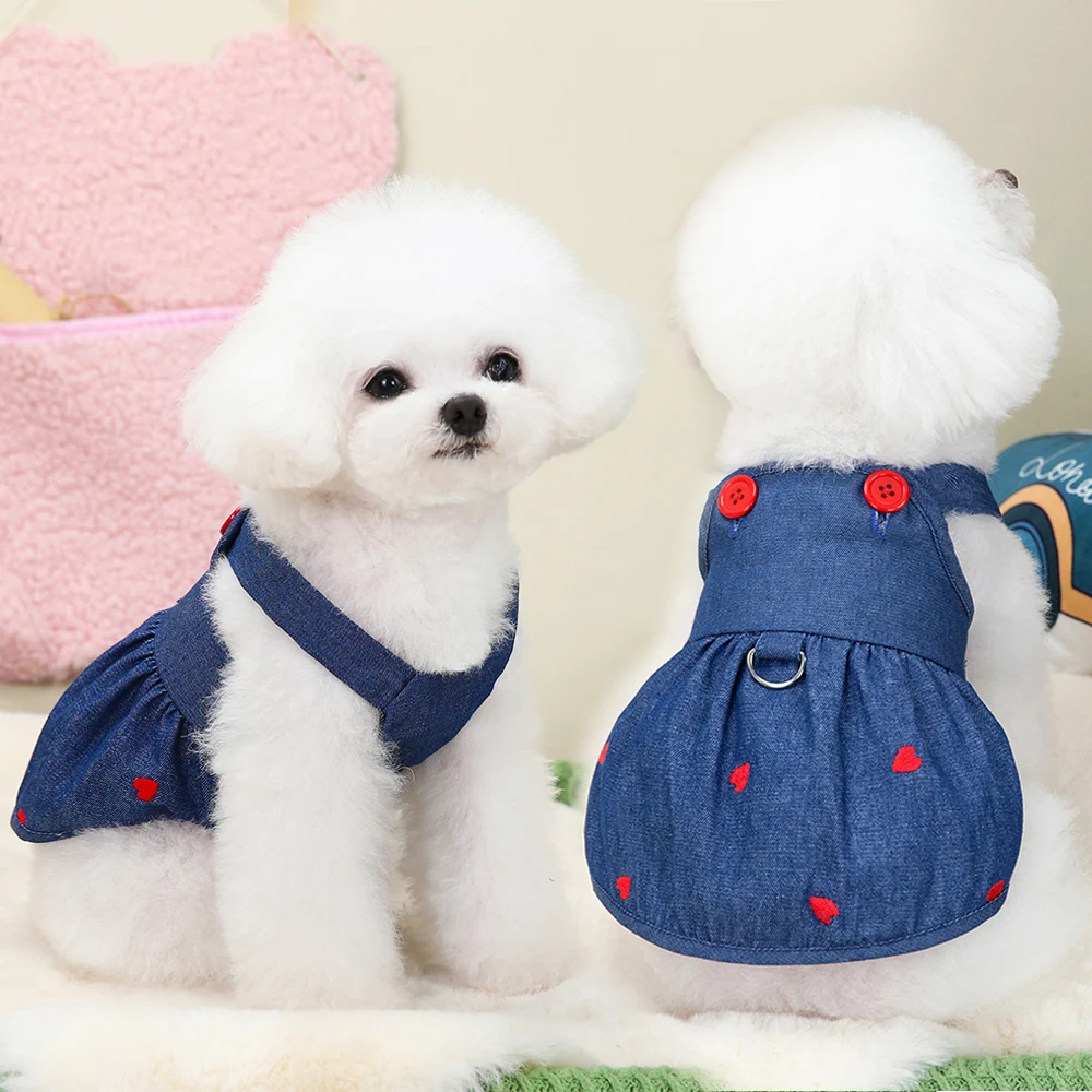 2024 New Puppy Clothes Dog Dress Pet Clothing Cat Strap Dress Pet Denim Dress Summer Sweet Love Spring Small Dog Clothes Skirt