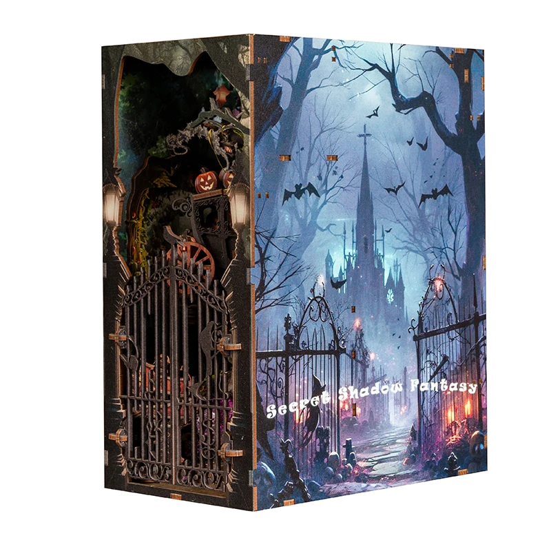 

DIY Book Nook Wooden Miniature Model Kits Secret Shadow Fantasy Bookend 3D Puzzle Bookshelf for Friends Halloween Gifts