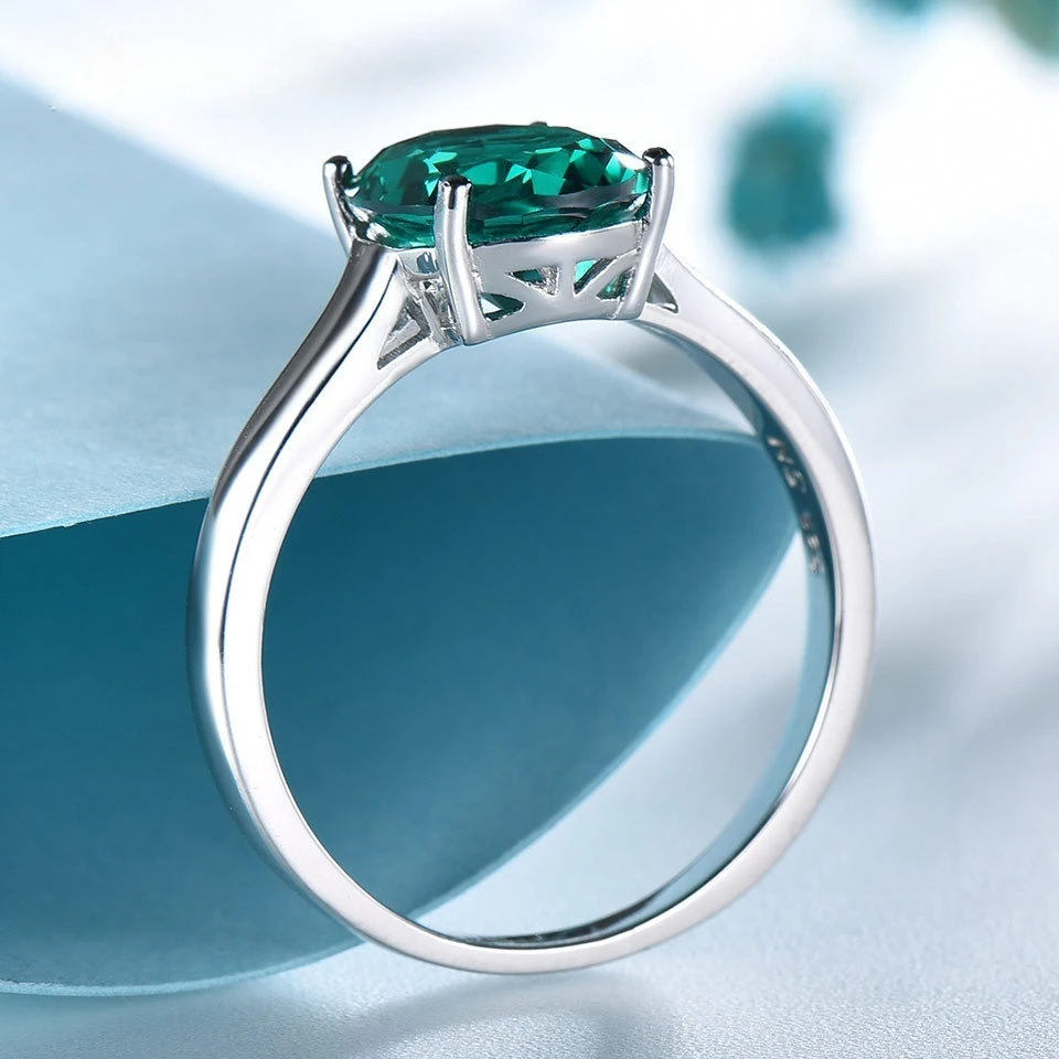 100% 925 Sterling Silver Rings for Women High Quality Gemstone Oval Shape Simple Blue Emerald Wedding Party Fine Jewelry Gift 2
