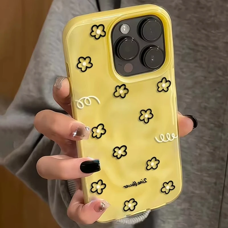 لطيف الأسود خط زهرة الكرتون الكورية قضية الهاتف آيفون 16 15 14 زائد 13 12 11 برو ماكس طيات الملمس Kawaii لينة غطاء حالات #5