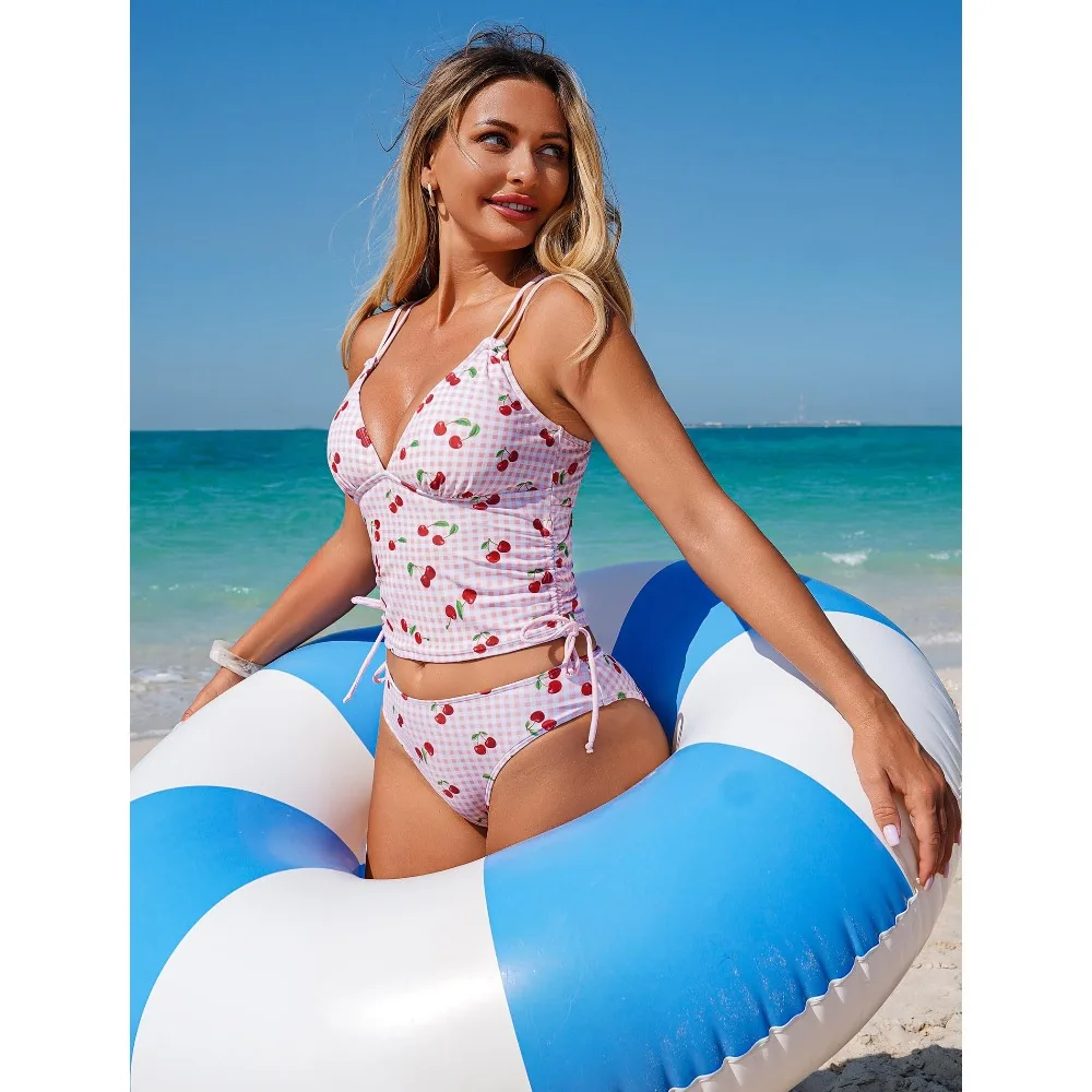 Two Piece Tankini Y2K Tummy Control Swimsuit Gingham Cherry Bikini Set Halter V Neck Slimming Bathing Suit Beachwear Women