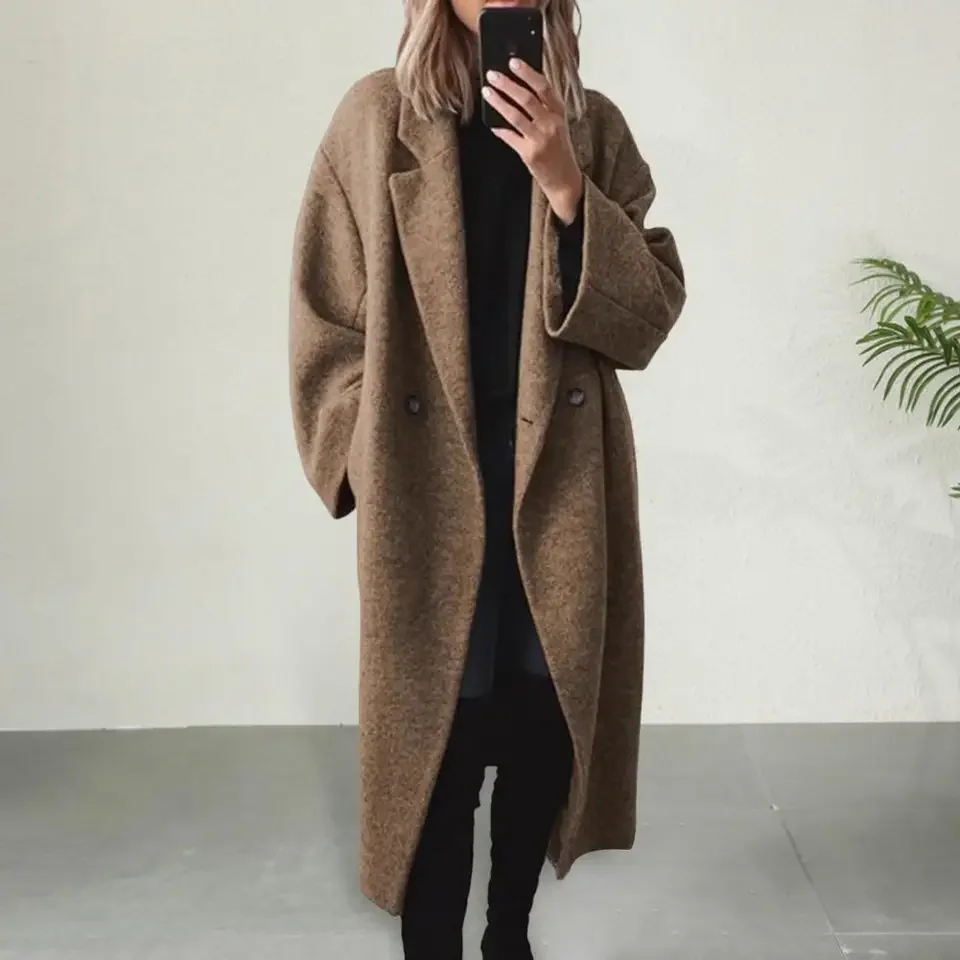 

Fashion Dark Grey Stripe Lapel Overcoat Women Full Sleeve Loose Long Coat 2024 Autumn Winter Lady Commute