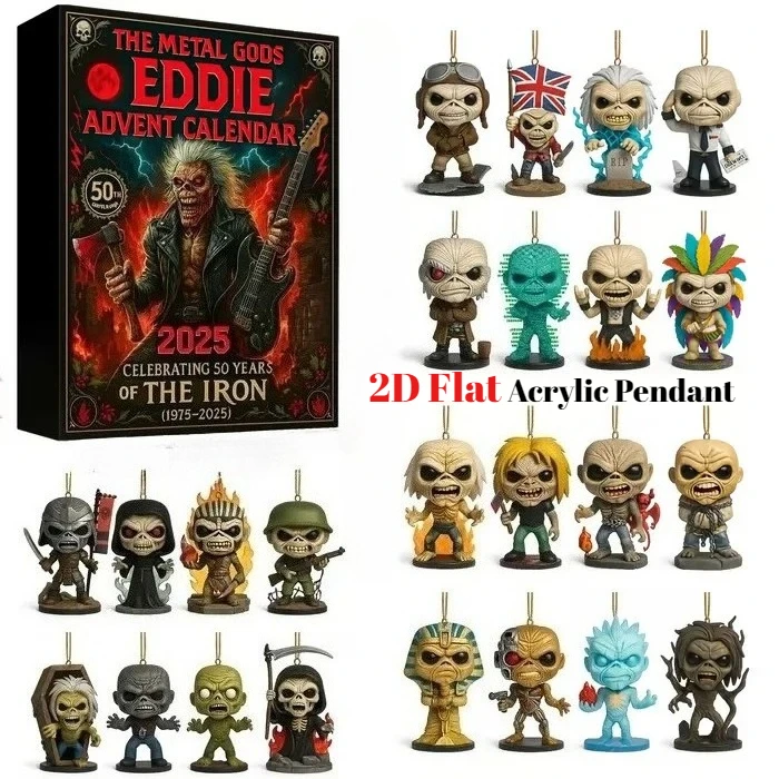 24 jours Eddie calendrier de l'avent 2025, 2D acrylique Eddie suspendu bande de noël pendentif calendrier de l'avent 24 pièces Figure porte-clés