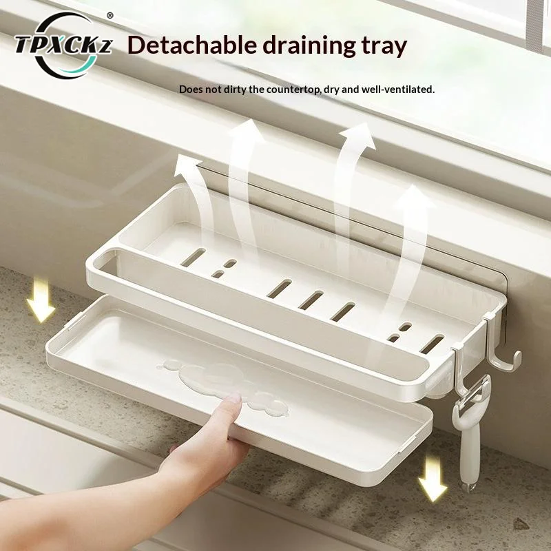 SL Dishwashing Utensil Rack With Hanging Hooks Kitchen Storage Shelf With Ventilated Water Catch Tray Moisture-Proof
