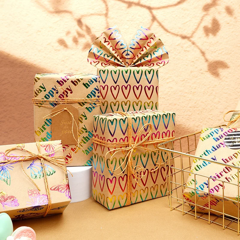43x300cm Happy Birthday Valentine's Day Gift Wrapping Paper Retro Yellow Kraft Paper Colorful Bronzing Wrapping Paper
