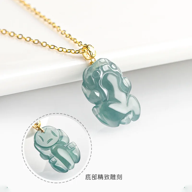 Natural A-grade Jade Blue Water Little Pixiu Pendant With 18K Gold Buckle Inlaid Ice Jadeite To Bring Wealth Women's Jewelry