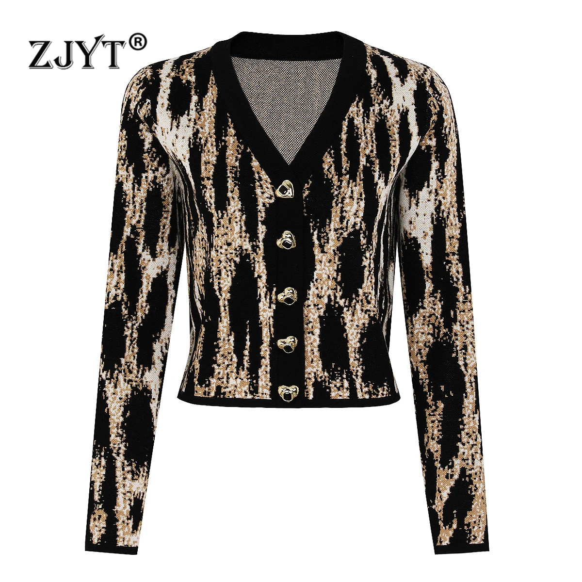 

ZJYT, осенняя новинка 2025 года, модные женские вязаные кардиганы с длинным рукавом и v-образным вырезом, свитера с леопардовым принтом, винтажные трикотажные изделия, женский трикотаж