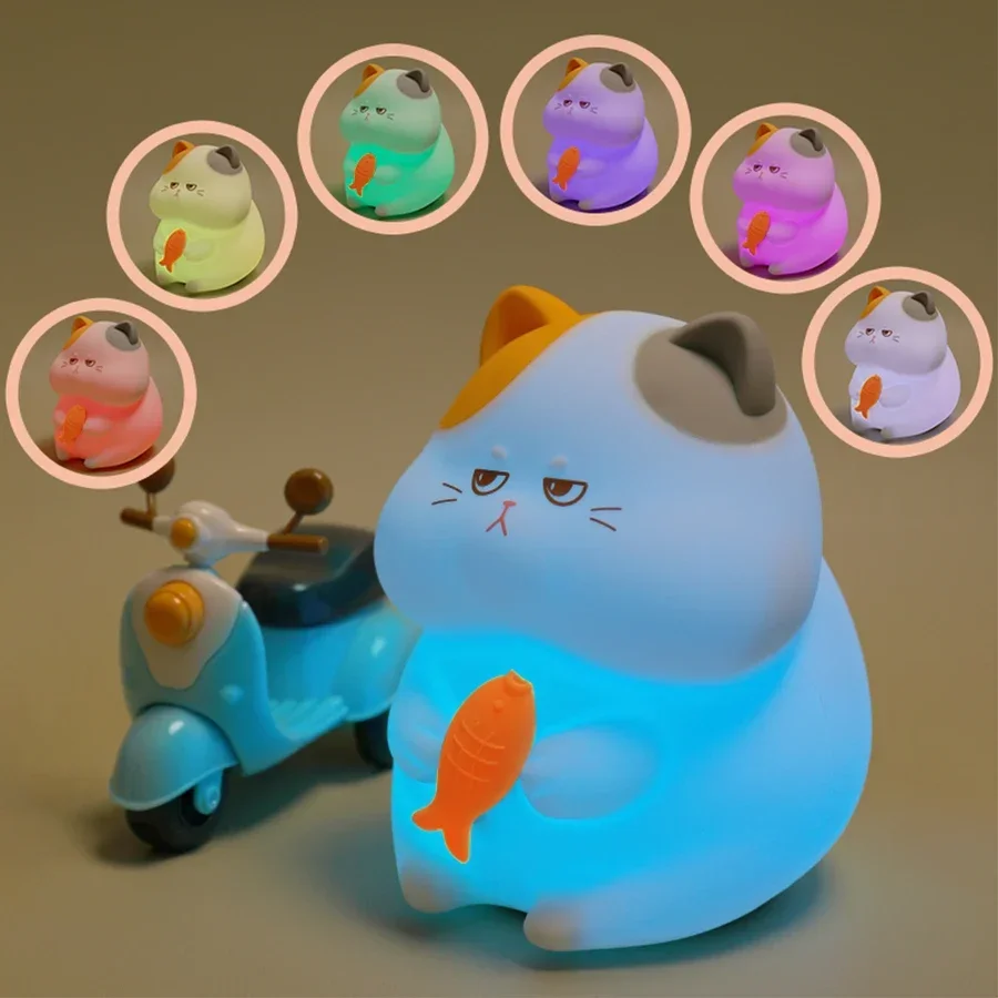 Gato e Peixe em Forma de Silicone Night Lamp, Gato Bonito, Toque, Recarregável, Duração, Divertimento, Quarto, Lâmpada, Presente para Crianças