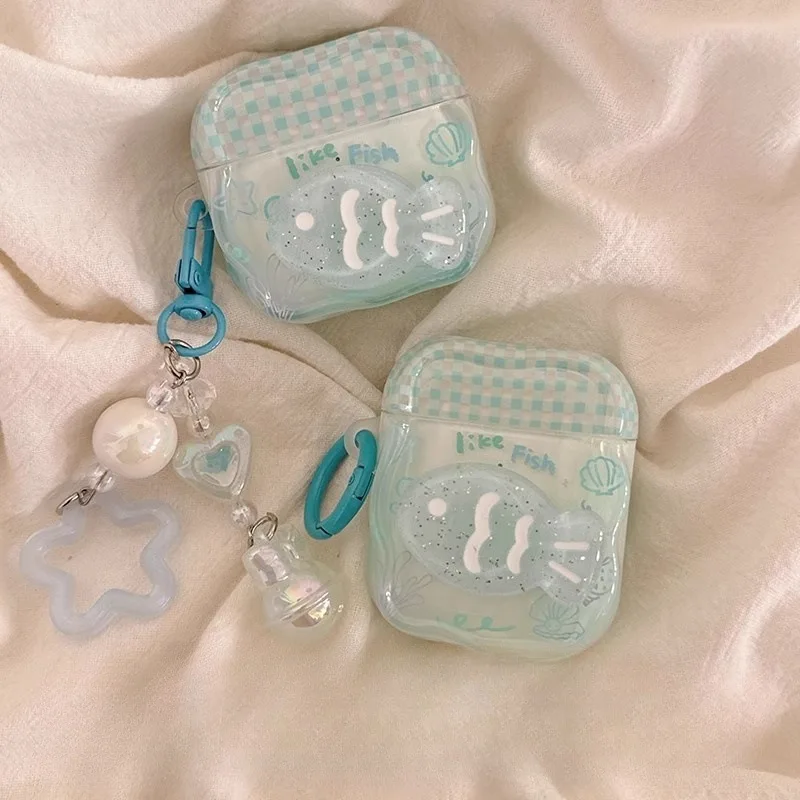 

3D Glitter Fish Headphone Case for Apple Airpods 1 2 3 4 Pro 2 Cover Cartoon Earphone Cases with Pendant