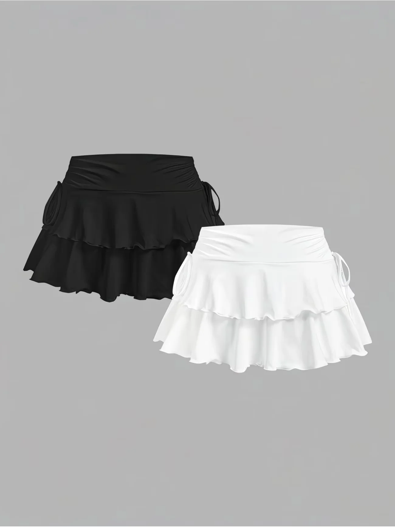 High Waisted Ruched Ruffle Mini Skirt 2-Pack - Multi-Occasion Side Drawstring Flared Skort Set for Daily Outfits, Gym, Tennis