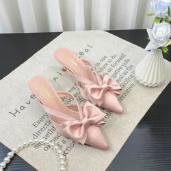 Fairy Style Pink Cool Slippers for Women's Summer 2024 French Pointed Bow Hollow High Heels, Half Wrapped Women's Slippers