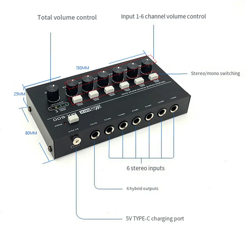 -A01R 6 قنوات خلاط خط ستيريو منخفض الضوضاء للغاية خلاط صوت احترافي صغير مزود طاقة DC5V خلاط صوتي سهل التشغيل