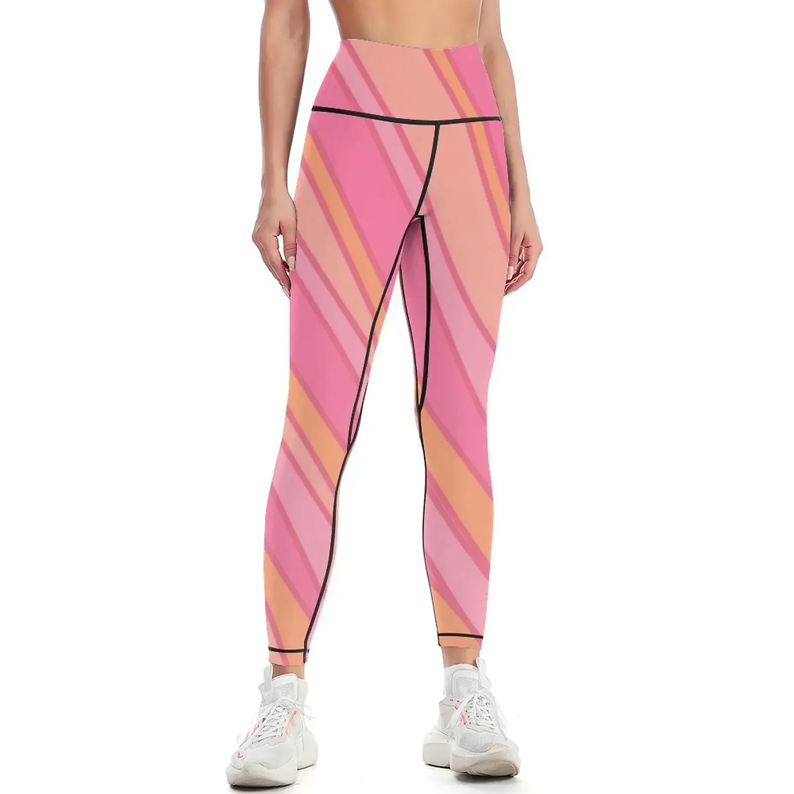 

Pink and Orange Striped Retro Abstract Pattern Leggings gym pants sportswear gym high waist Womens Leggings