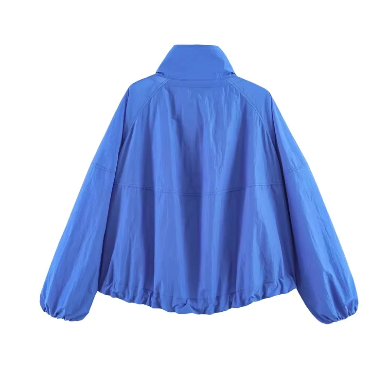 Women's Jacket 2026 Summer New Style Blue Long-Sleeve Pleated Drawstring Decorative Nylon Loose Jacket Casual Fashion Versatile