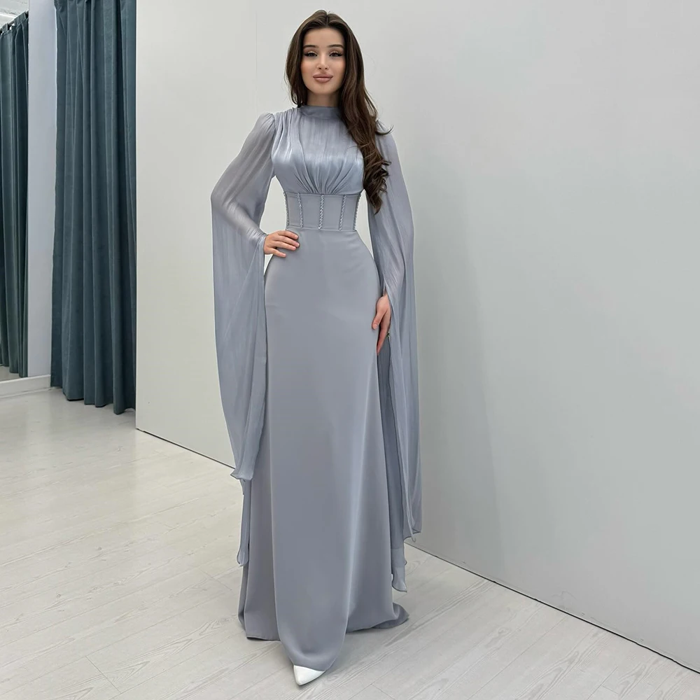 

Customized High Neckline Draped Full Sleeves Women's Evening Dress ILLUSION Satin Party Dress Floor Length A-line Prom Gown