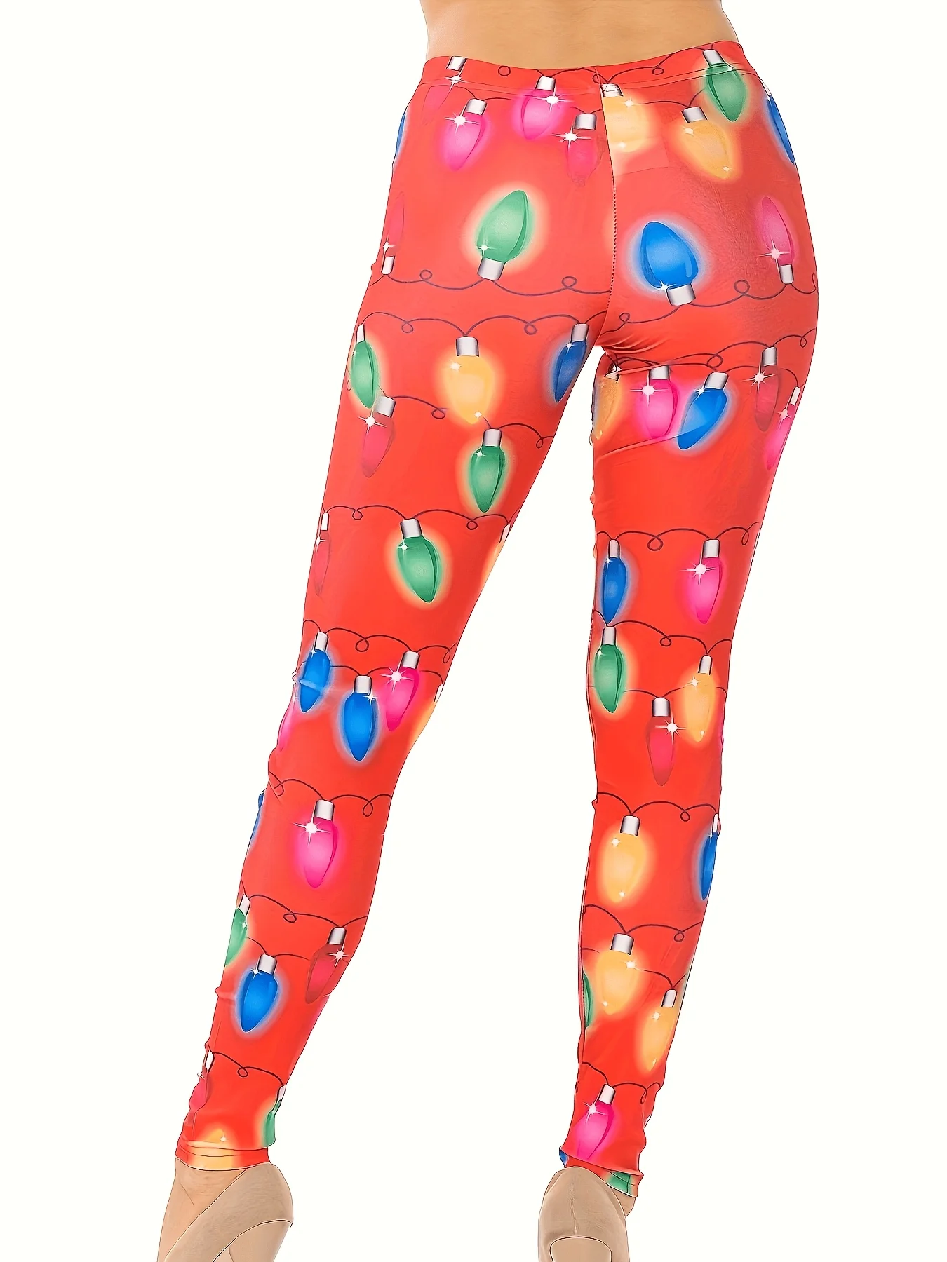 Women Mid‑Waist Fleece Lined Christmas Light Bulb Print Leggings Ankle Length Stretch Slim Warm Casual Holiday Party Pants