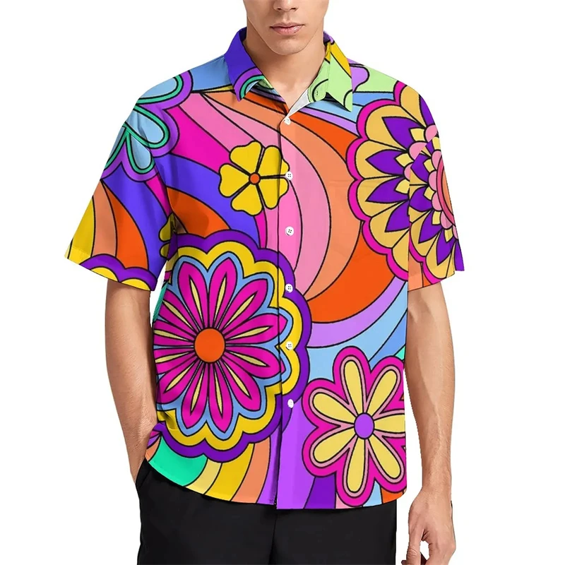 Colorful Flower Graphic Blouses For Men Clothes Bright Floral 3D Print Beach Shirts Vacation Esthetic Y2k Short Sleeve Boy Tops