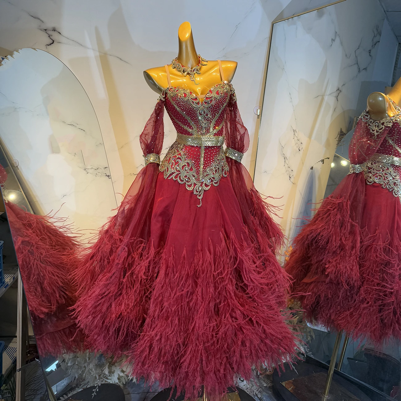 

Latin Dance Diamond Female Adult Children High end Customized Wine Red Trumpet Sleeves Modern Waltz Performance Dress