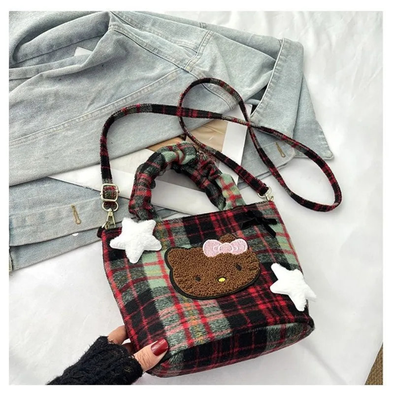 Urocza torebka damska na ramię z motywem Hello Kitty, codzienna, retro, wełniana torba crossbody, damska portmonetka, torba na zakupy.