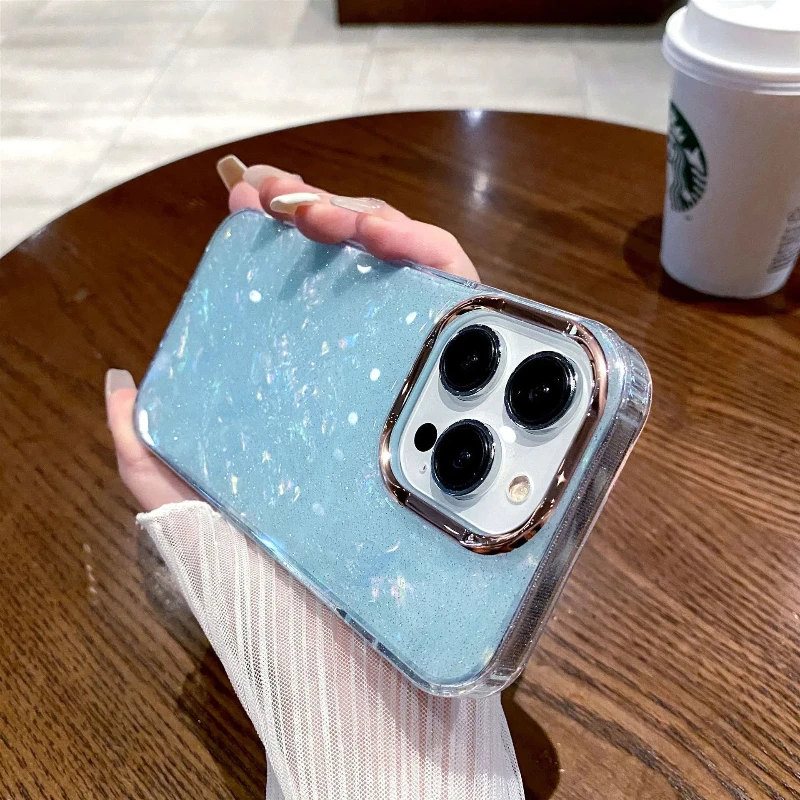 

Starry Glitter Pink Advanced Phone Case with Shell Pattern Protection Hard Cover for IPhone16 15 14 13 12 11 Pro Max Phone Case