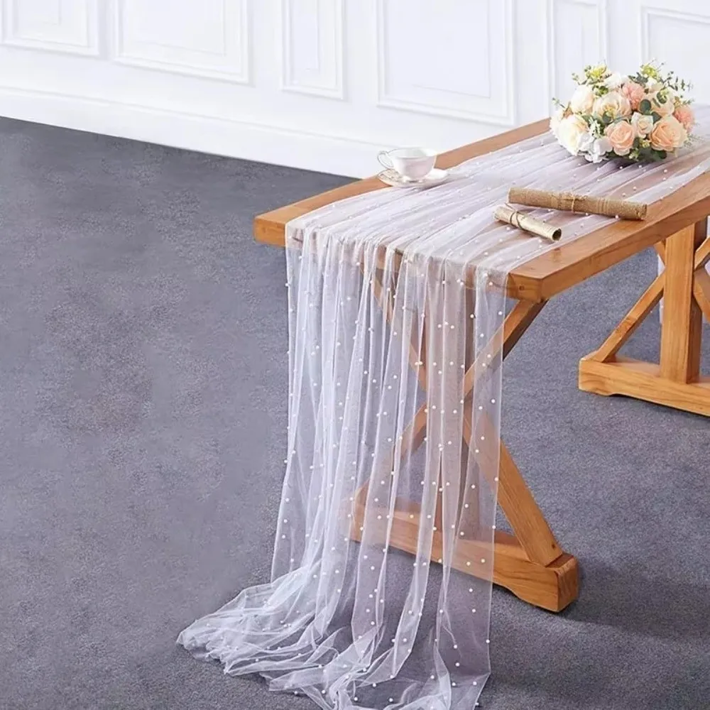 Sheer Drapes Pearl Yarn Table Runner Gauze Mesh DIY Wedding Tablecloth Semi Transparent Pearl Table Cover