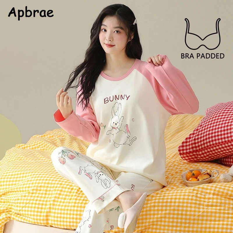 New Autumn Winter Women Pajama with Bra Pads Long Sleeves Cute Rabbit Print Homewear Round Collar Pijamas Cotton Nightwear