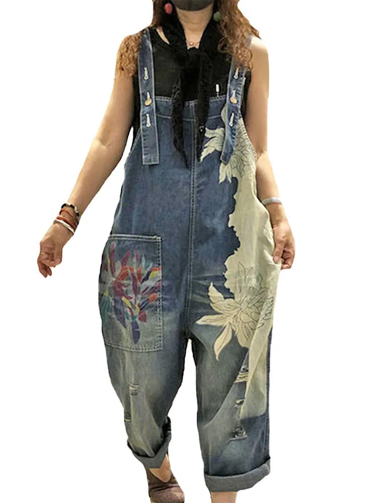 2023 Korean Females Fashion Overalls Ladies Spring Printed Denim Harem Pants Vintage Casual Jeans Womens Loose Vintage Trousers