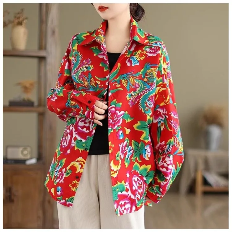 

Модная женская рубашка-жакет больших размеров, весна-осень, новинка, с крупным цветочным принтом в северо-восточном стиле, с длинными рукавами, удобный топ