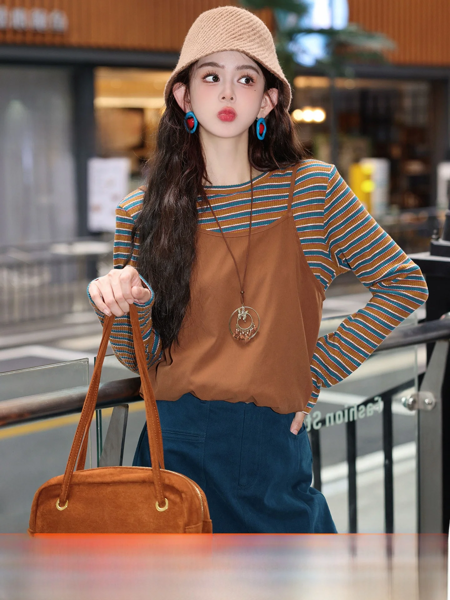 

Женская повседневная футболка Chend Long Sve в полоску, модная, в стиле ретро, из смесового хлопка и полиэстера, с круглым вырезом, осенняя, в пасторальном стиле